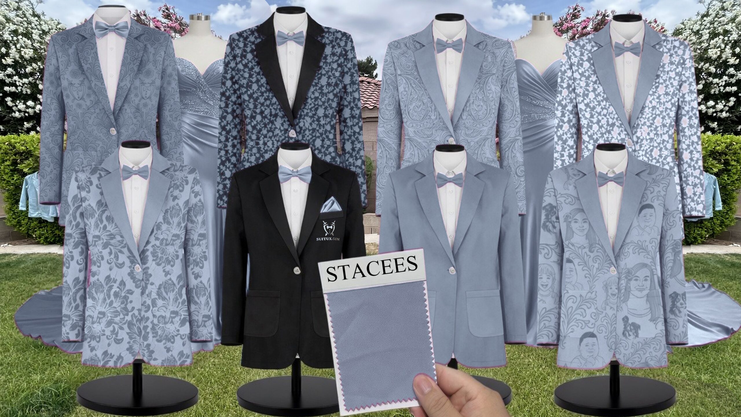 Dusty Blue Charmeuse Suit and Tuxedo – Exact Color Match for Stacees Bridesmaid Dresses