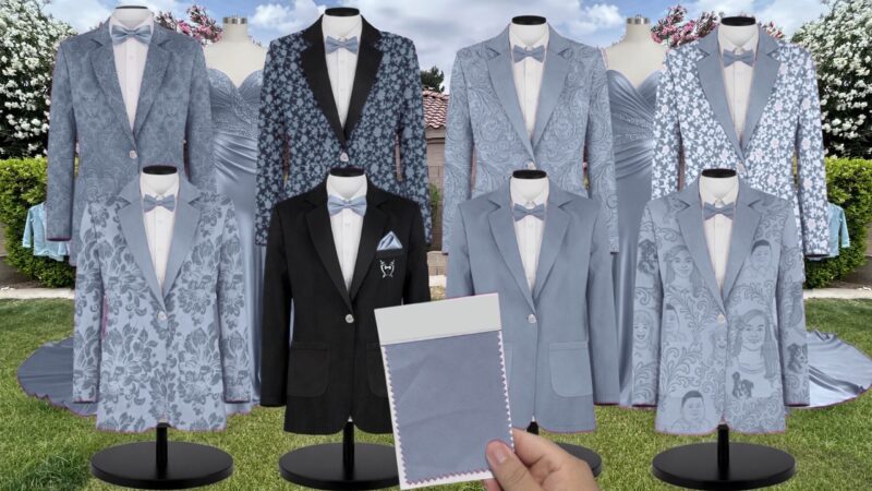 Dusty Blue Charmeuse Suit and Tuxedo – Exact Color Match for Stacees Bridesmaid Dresses