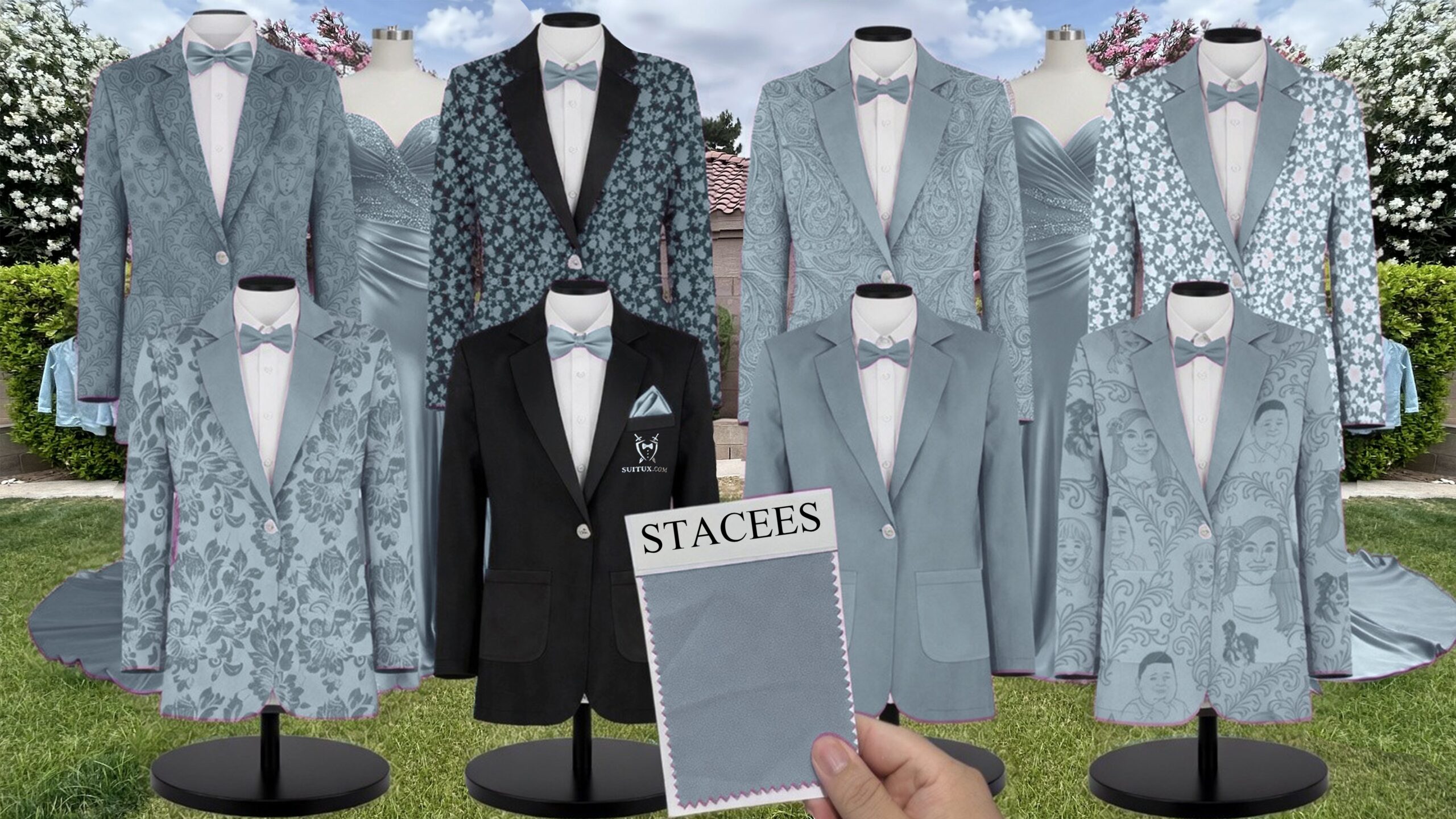 Dusty Blue Chiffon Suit and Tuxedo – Exact Color Match for Stacees Bridesmaid Dresses