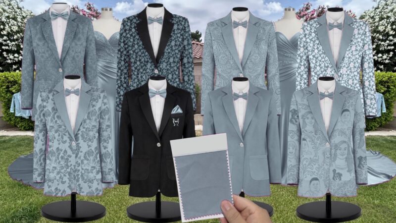 Dusty Blue Chiffon Suit and Tuxedo – Exact Color Match for Stacees Bridesmaid Dresses