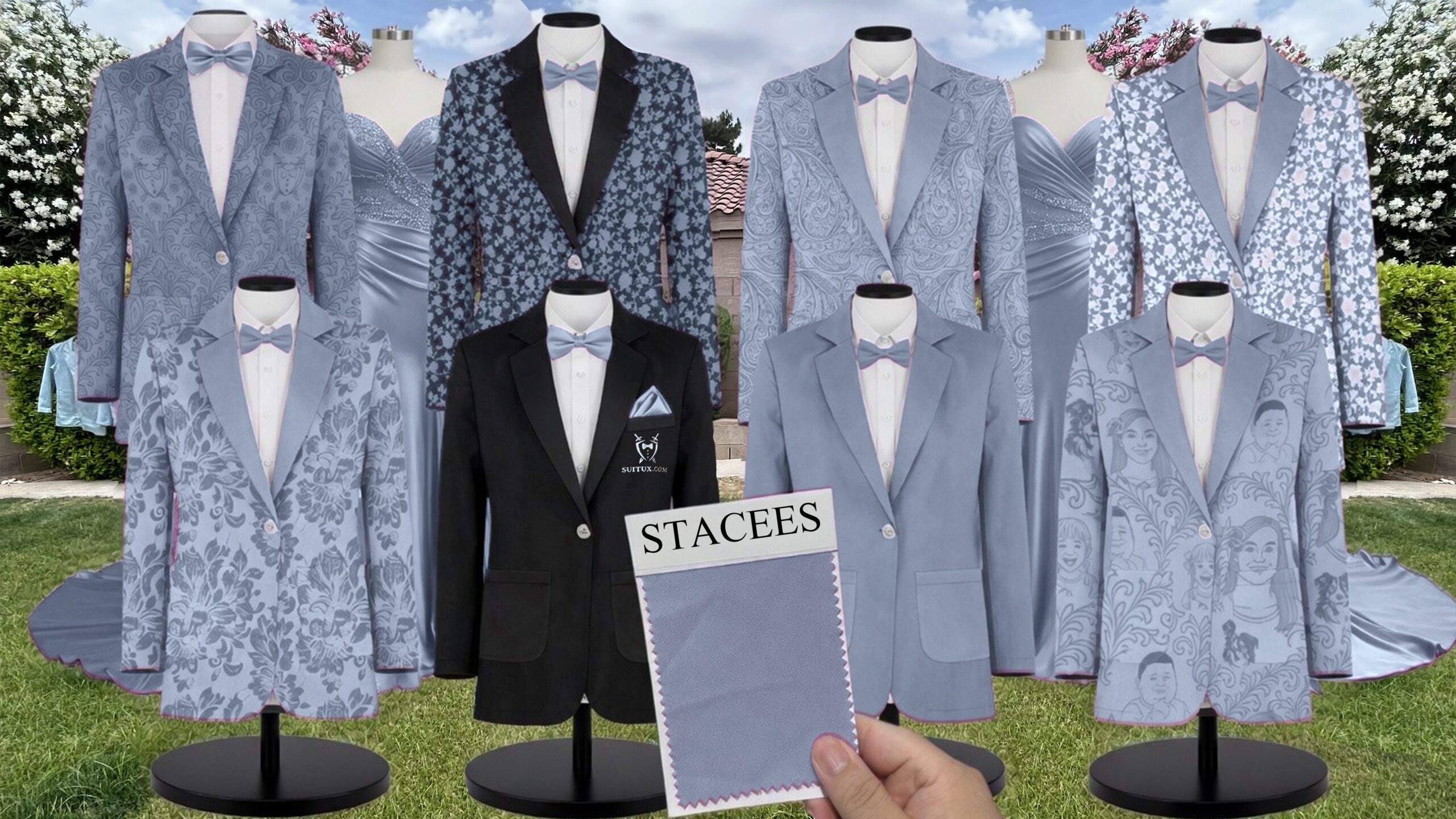 Dusty Blue Satin Suit and Tuxedo – Exact Color Match for Stacees Bridesmaid Dresses