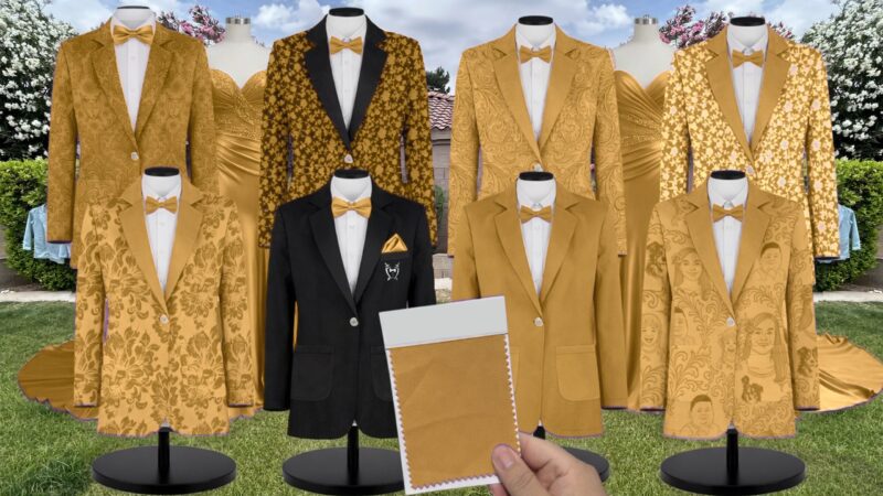 Gold Chiffon Suit and Tuxedo – Exact Color Match for Stacees Bridesmaid Dresses