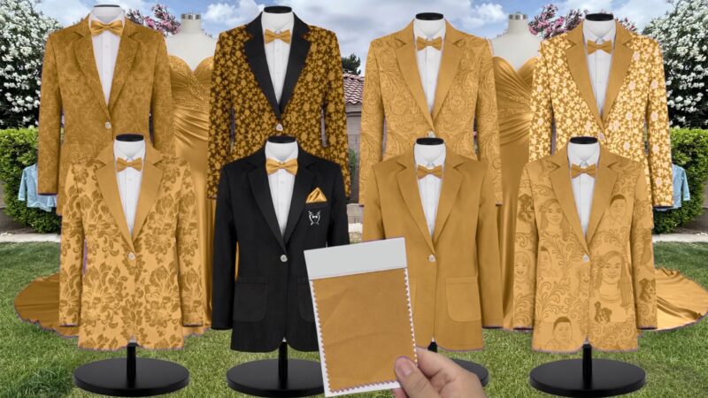 Gold Satin Suit and Tuxedo – Exact Color Match for Stacees Bridesmaid Dresses