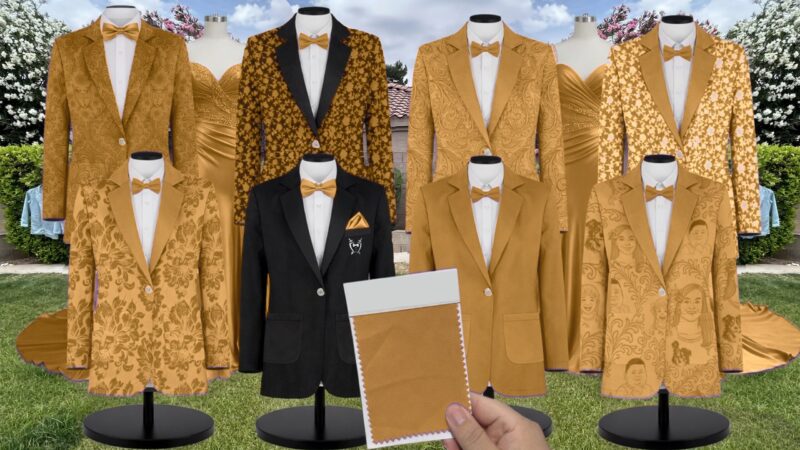 Gold Stretch Crepe Suit and Tuxedo – Exact Color Match for Stacees Bridesmaid Dresses