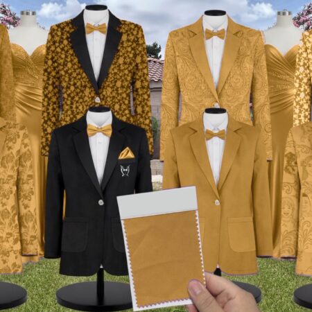 Gold Stretch Satin Suit and Tuxedo – Exact Color Match for Stacees Bridesmaid Dresses