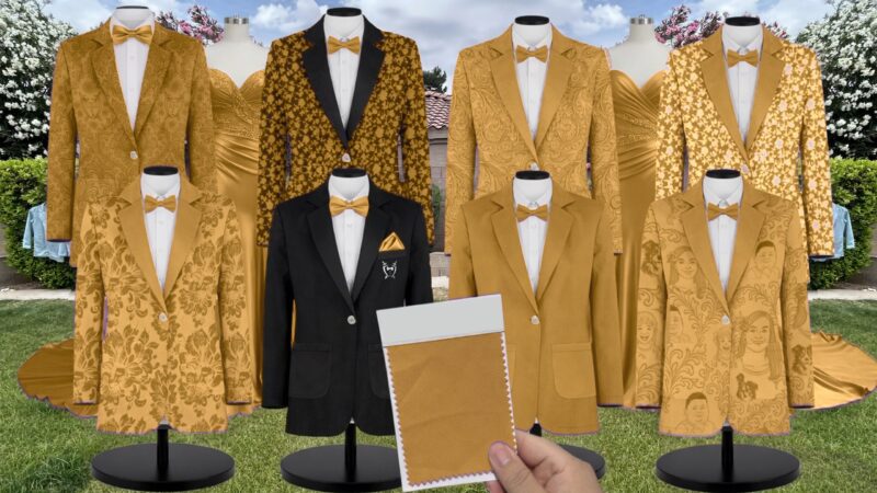 Gold Stretch Satin Suit and Tuxedo – Exact Color Match for Stacees Bridesmaid Dresses