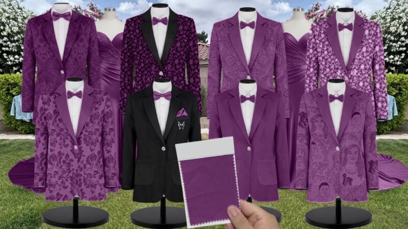 Grape Charmeuse Suit and Tuxedo – Exact Color Match for Stacees Bridesmaid Dresses