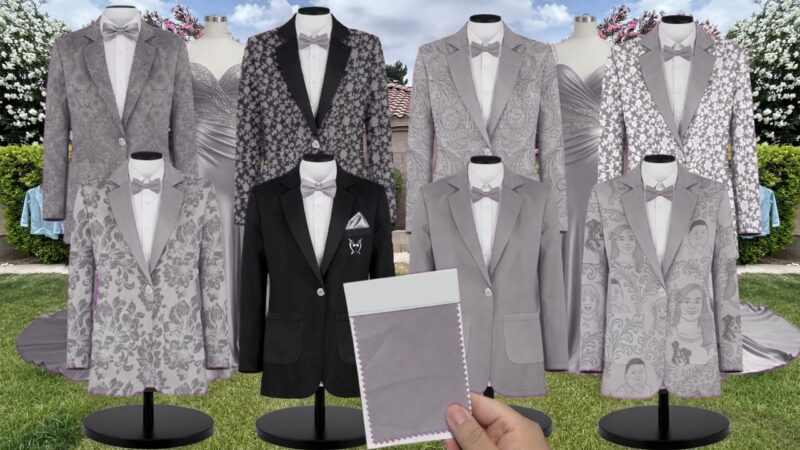 Gray Charmeuse Suit and Tuxedo – Exact Color Match for Stacees Bridesmaid Dresses