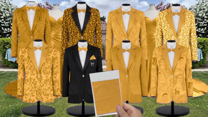 Marigold Charmeuse Suit and Tuxedo – Exact Color Match for Stacees Bridesmaid Dresses