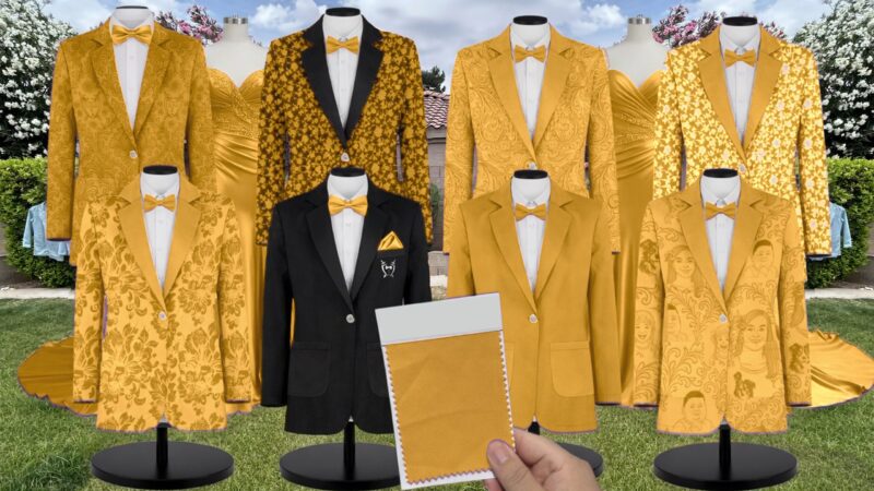 Marigold Satin Suit and Tuxedo – Exact Color Match for Stacees Bridesmaid Dresses