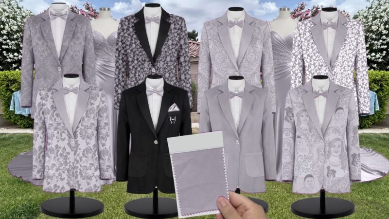 Silver Satin Suit and Tuxedo – Exact Color Match for Stacees Bridesmaid Dresses