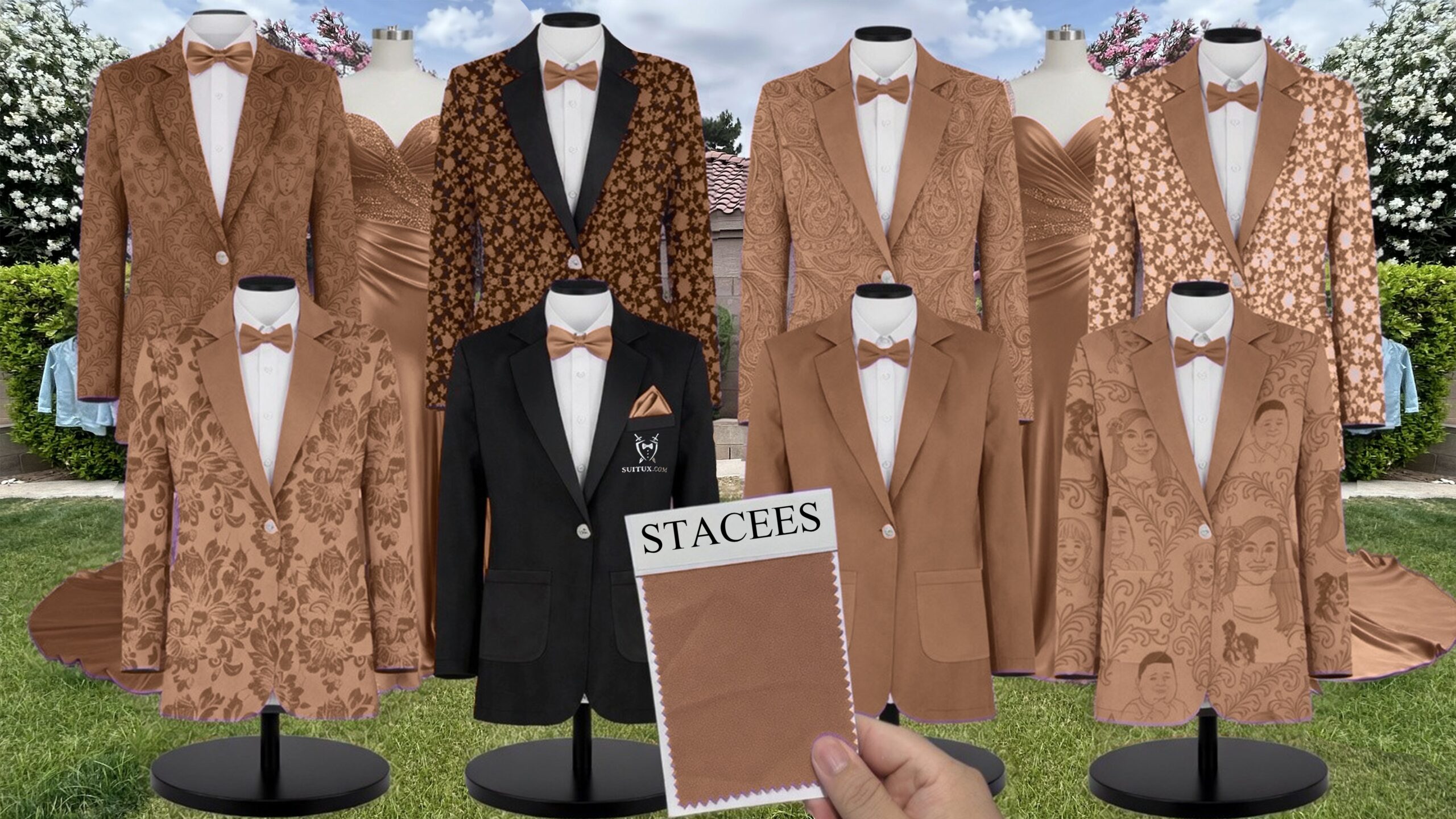 Mocha Charmeuse Suit and Tuxedo – Exact Color Match for Stacees Bridesmaid Dresses