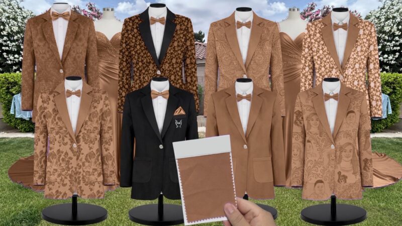 Mocha Stretch Crepe Suit and Tuxedo – Exact Color Match for Stacees Bridesmaid Dresses