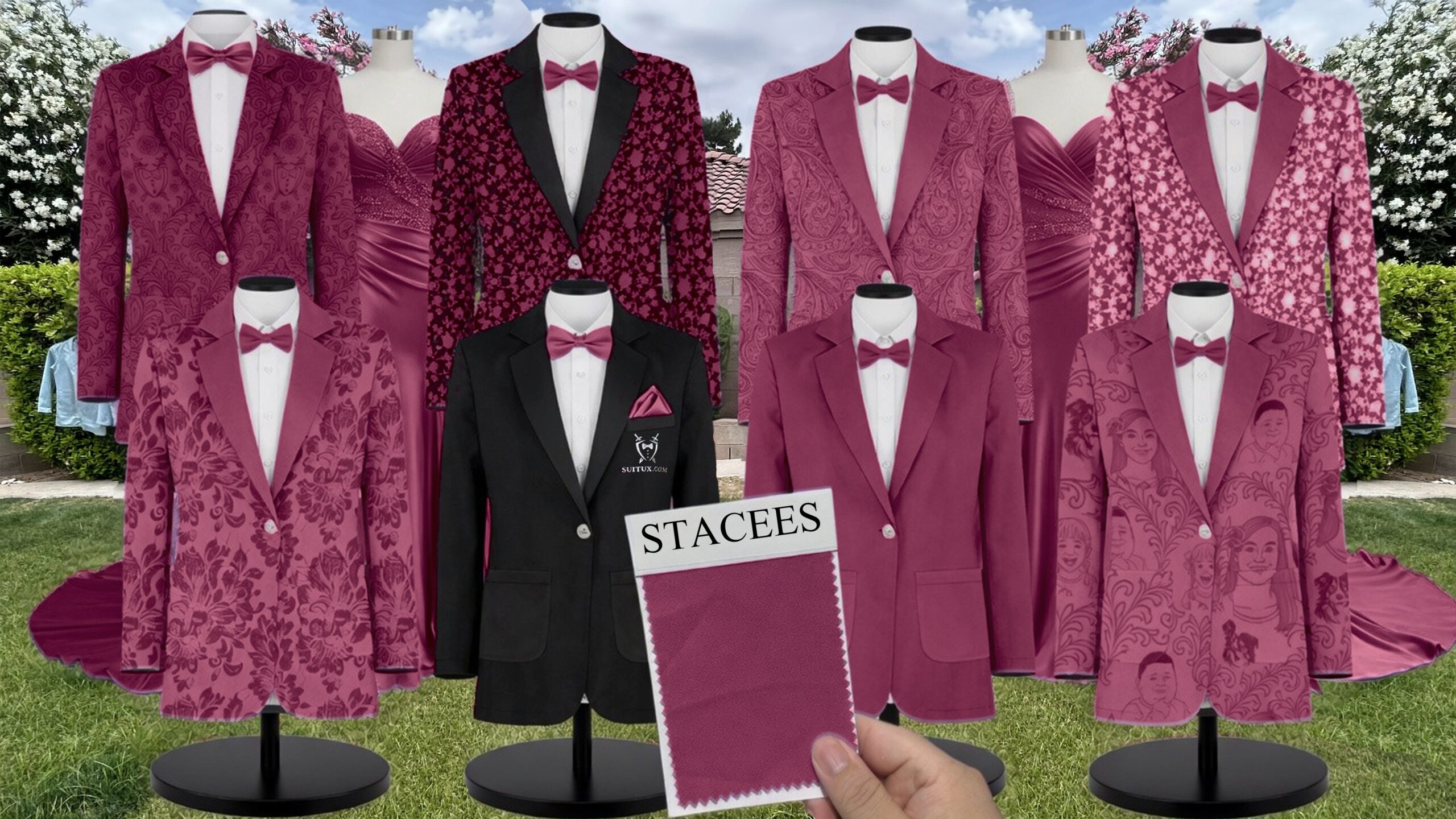 Mulberry Charmeuse Suit and Tuxedo – Exact Color Match for Stacees Bridesmaid Dresses