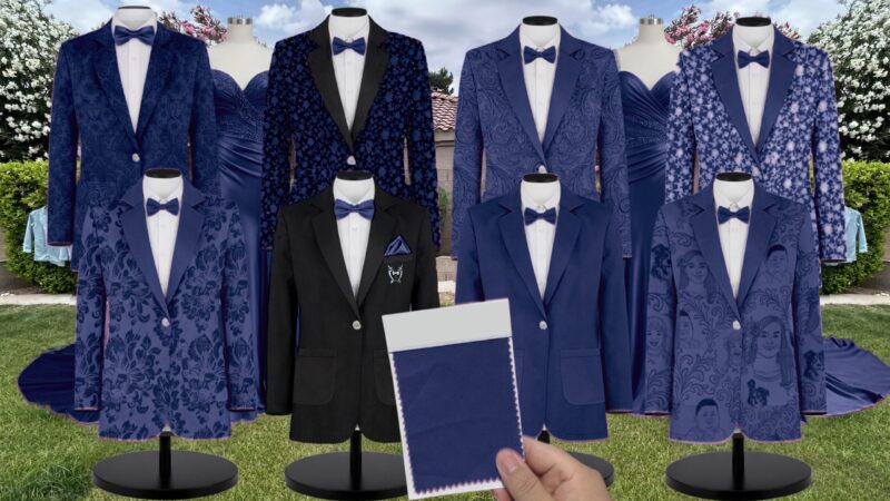 Navy Blue Charmeuse Suit and Tuxedo – Exact Color Match for Stacees Bridesmaid Dresses