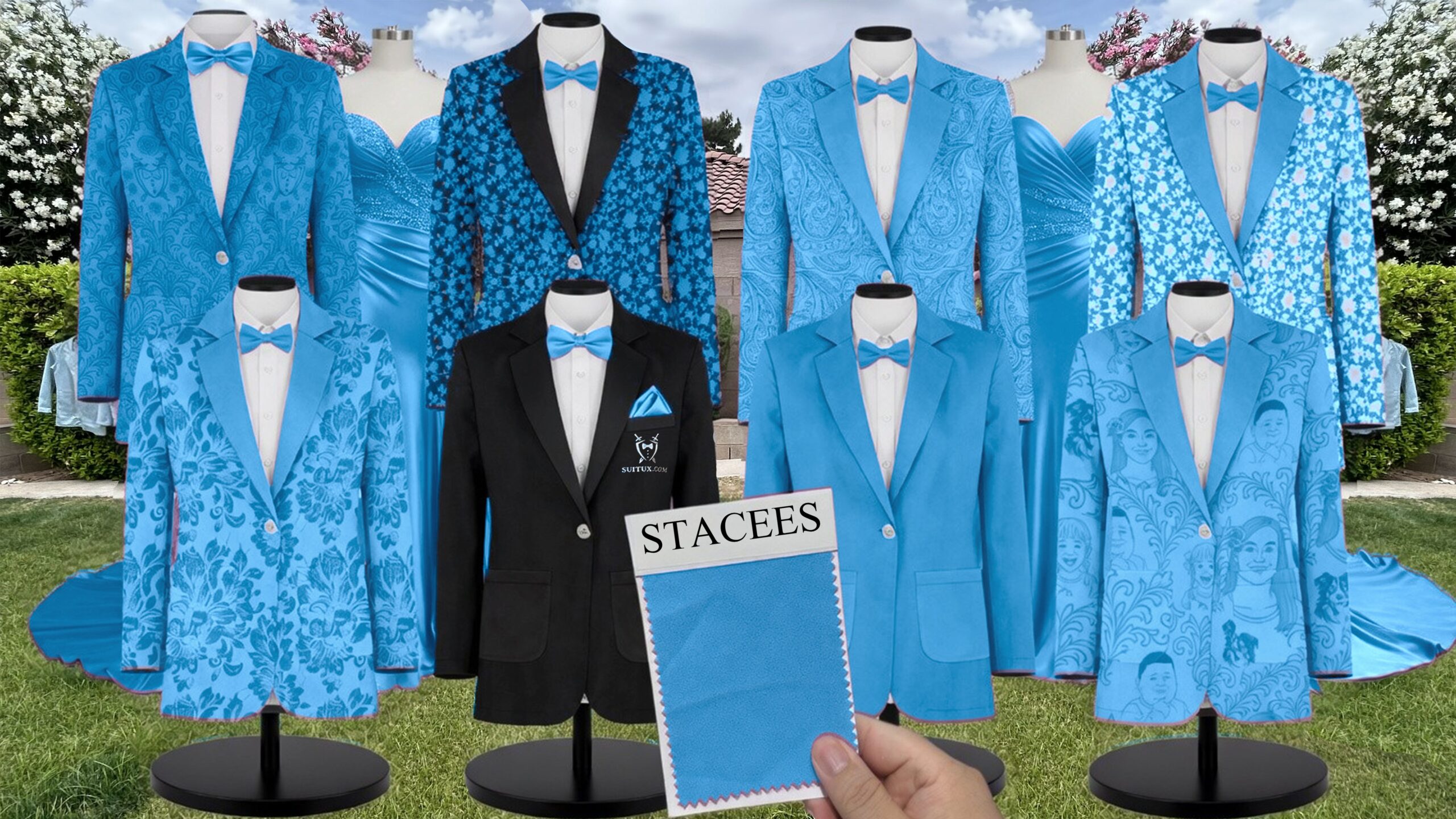 Ocean Blue Satin Suit and Tuxedo – Exact Color Match for Stacees Bridesmaid Dresses