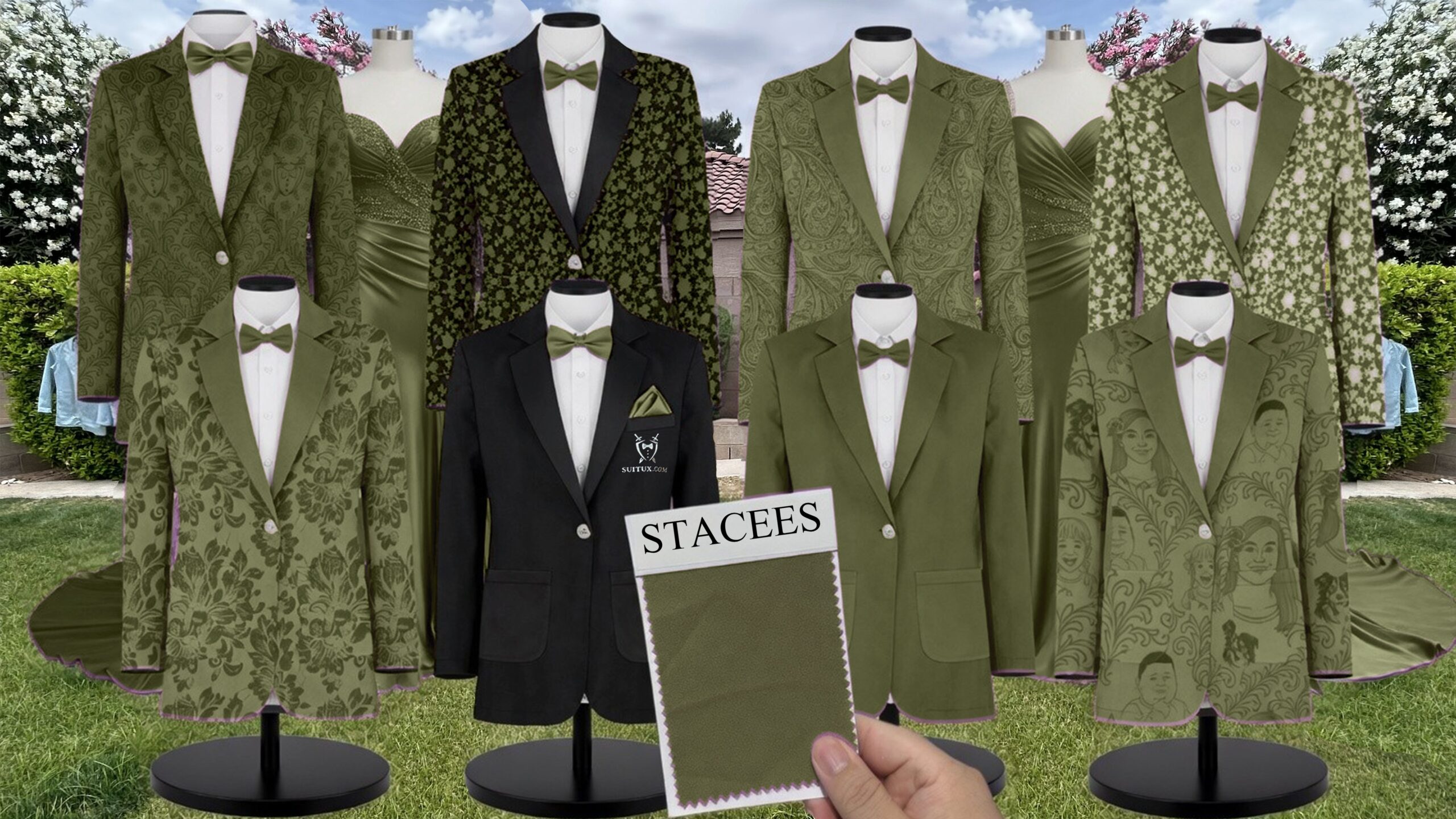 Olive Chiffon Suit and Tuxedo – Exact Color Match for Stacees Bridesmaid Dresses