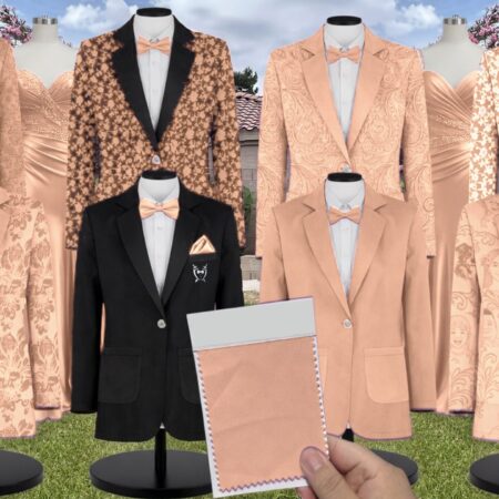 Peach Charmeuse Suit and Tuxedo – Exact Color Match for Stacees Bridesmaid Dresses