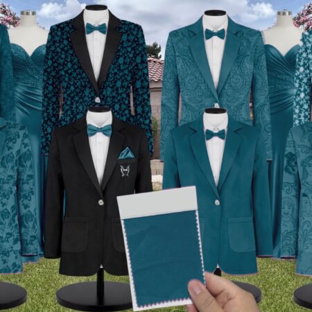 Peacock Charmeuse Suit and Tuxedo – Exact Color Match for Stacees Bridesmaid Dresses