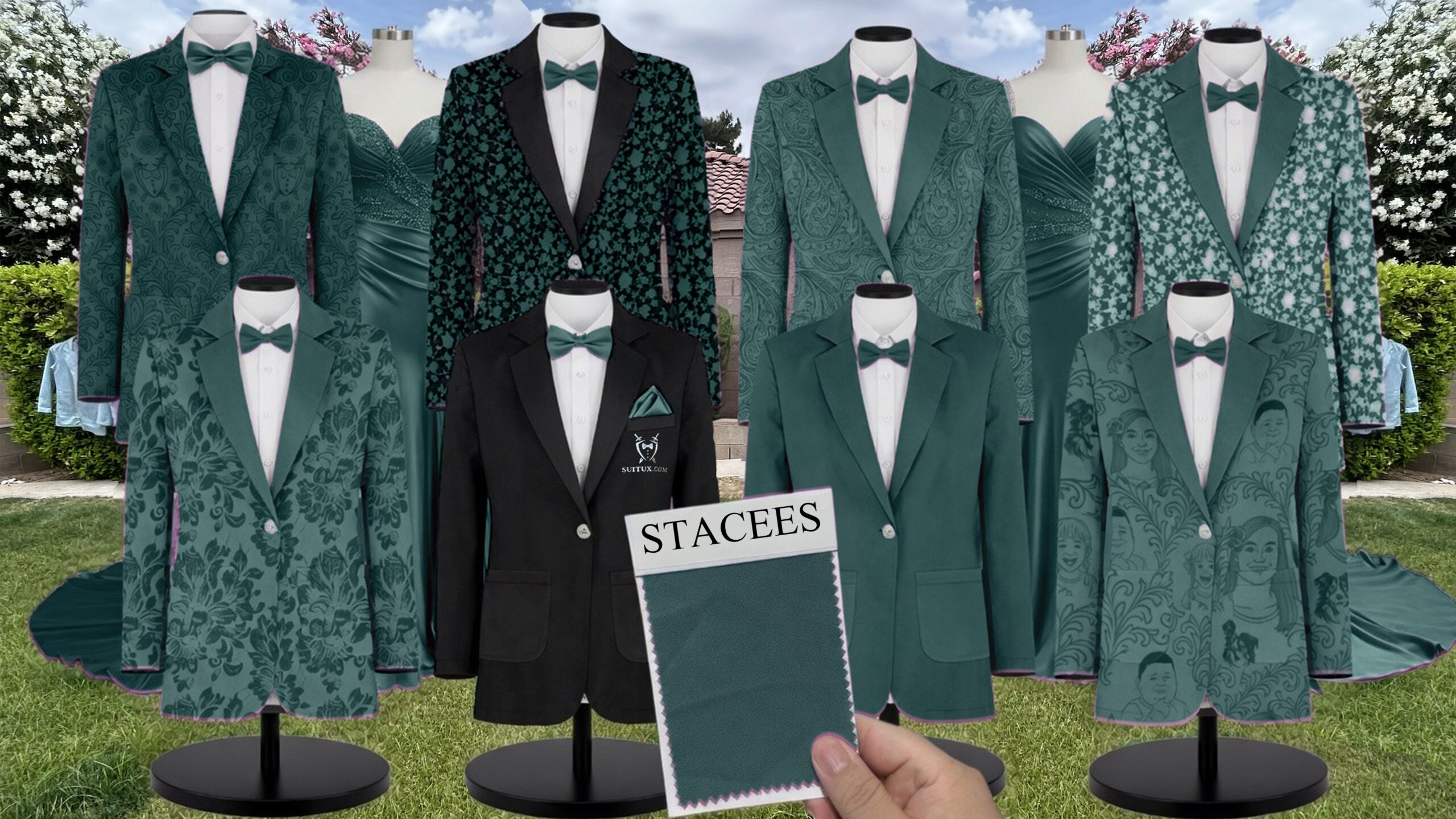 Peacock Chiffon Suit and Tuxedo – Exact Color Match for Stacees Bridesmaid Dresses