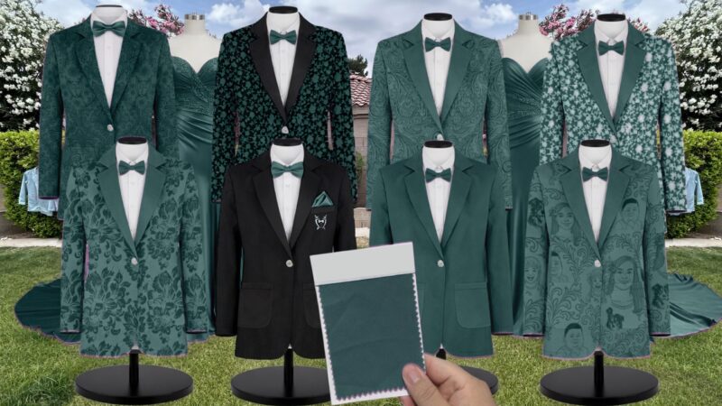 Peacock Chiffon Suit and Tuxedo – Exact Color Match for Stacees Bridesmaid Dresses