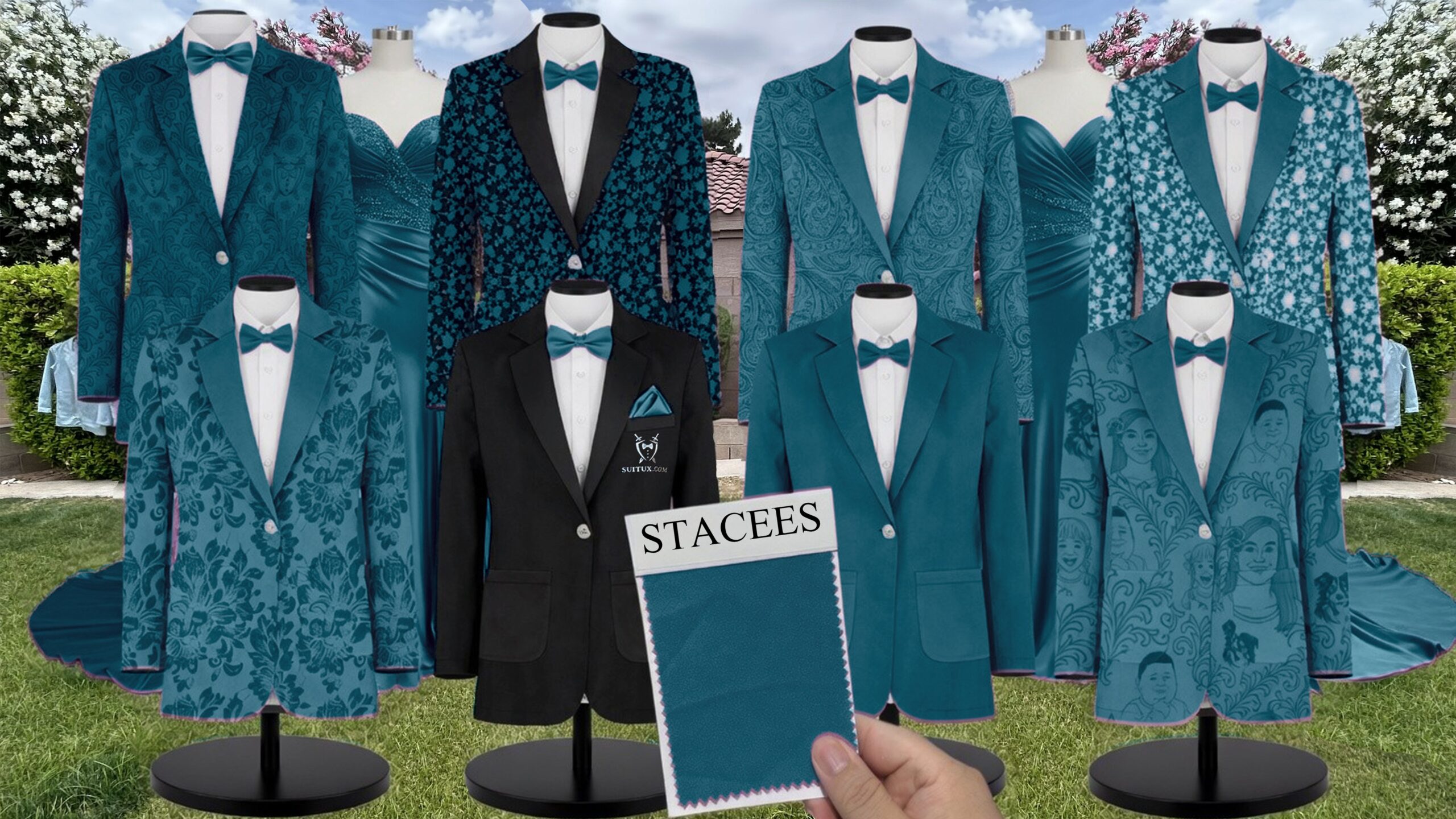 Peacock Chiffon Fabric Suit and Tuxedo – Exact Color Match for Stacees Bridesmaid Dresses