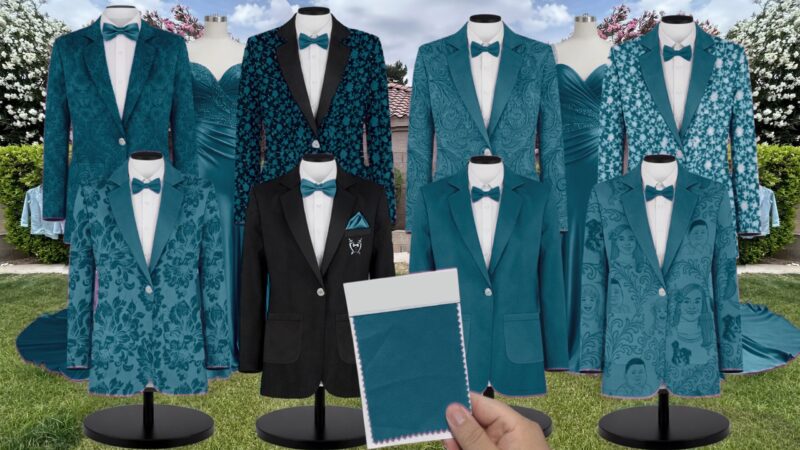 Peacock Satin Suit and Tuxedo – Exact Color Match for Stacees Bridesmaid Dresses