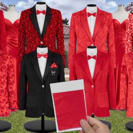 Red Charmeuse Suit and Tuxedo – Exact Color Match for Stacees Bridesmaid Dresses