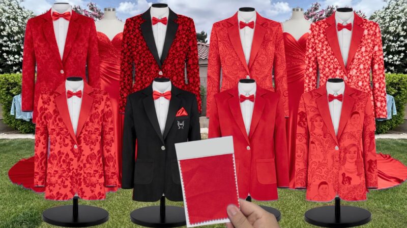 Red Charmeuse Suit and Tuxedo – Exact Color Match for Stacees Bridesmaid Dresses
