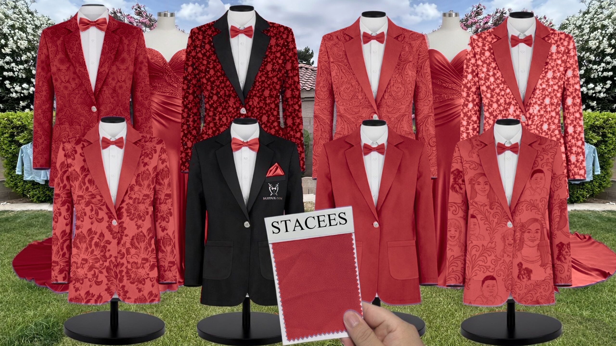 Red Chiffon Suit and Tuxedo – Exact Color Match for Stacees Bridesmaid Dresses