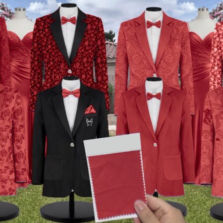 Red Chiffon Suit and Tuxedo – Exact Color Match for Stacees Bridesmaid Dresses