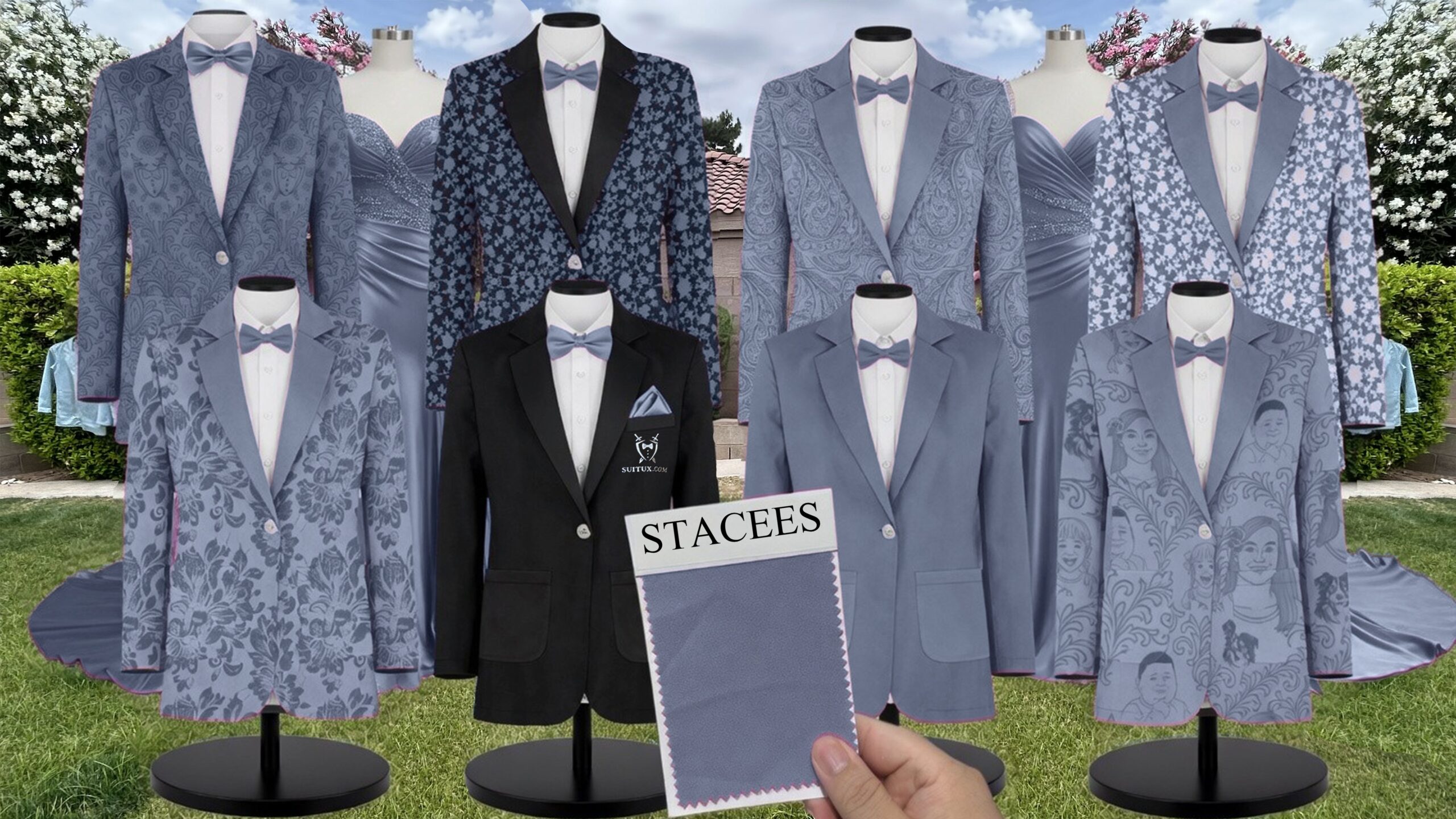Slate Blue Chiffon Suit and Tuxedo – Exact Color Match for Stacees Bridesmaid Dresses