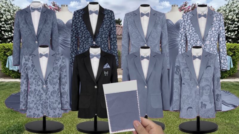 Slate Blue Chiffon Suit and Tuxedo – Exact Color Match for Stacees Bridesmaid Dresses