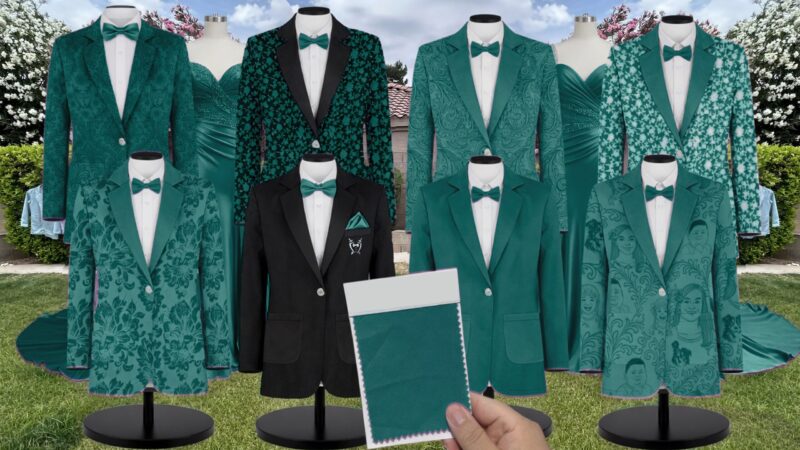 Teal Satin Suit and Tuxedo – Exact Color Match for Stacees Bridesmaid Dresses