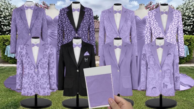 Violet Charmeuse Suit and Tuxedo – Exact Color Match for Stacees Bridesmaid Dresses