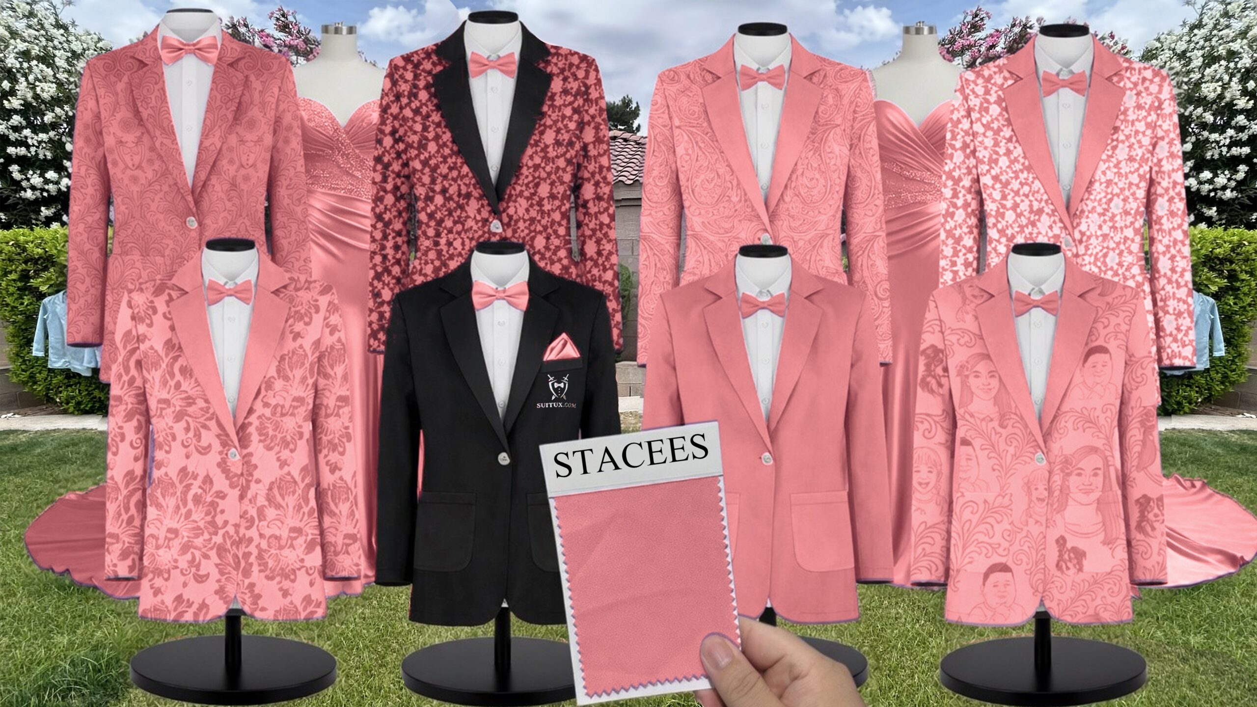 Watermelon Charmeuse Suit and Tuxedo – Exact Color Match for Stacees Bridesmaid Dresses