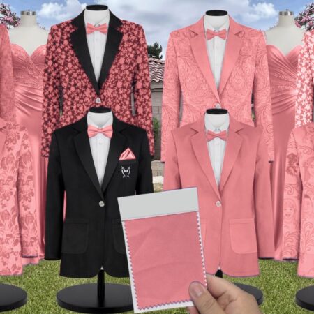 Watermelon Charmeuse Suit and Tuxedo – Exact Color Match for Stacees Bridesmaid Dresses