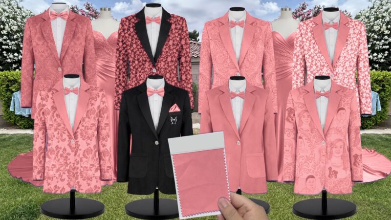Watermelon Charmeuse Suit and Tuxedo – Exact Color Match for Stacees Bridesmaid Dresses
