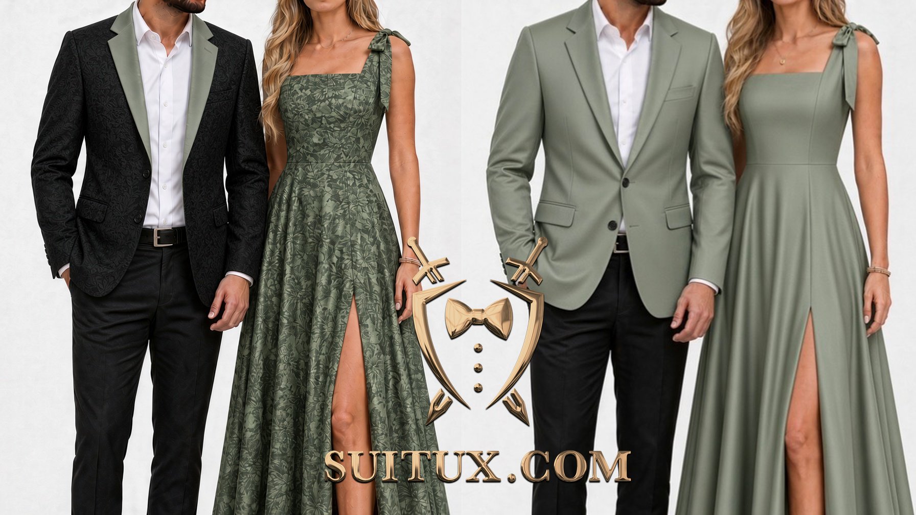 Sage green bridesmaid dress matched to groomsman suit and floral pattern blazer – SUITUX