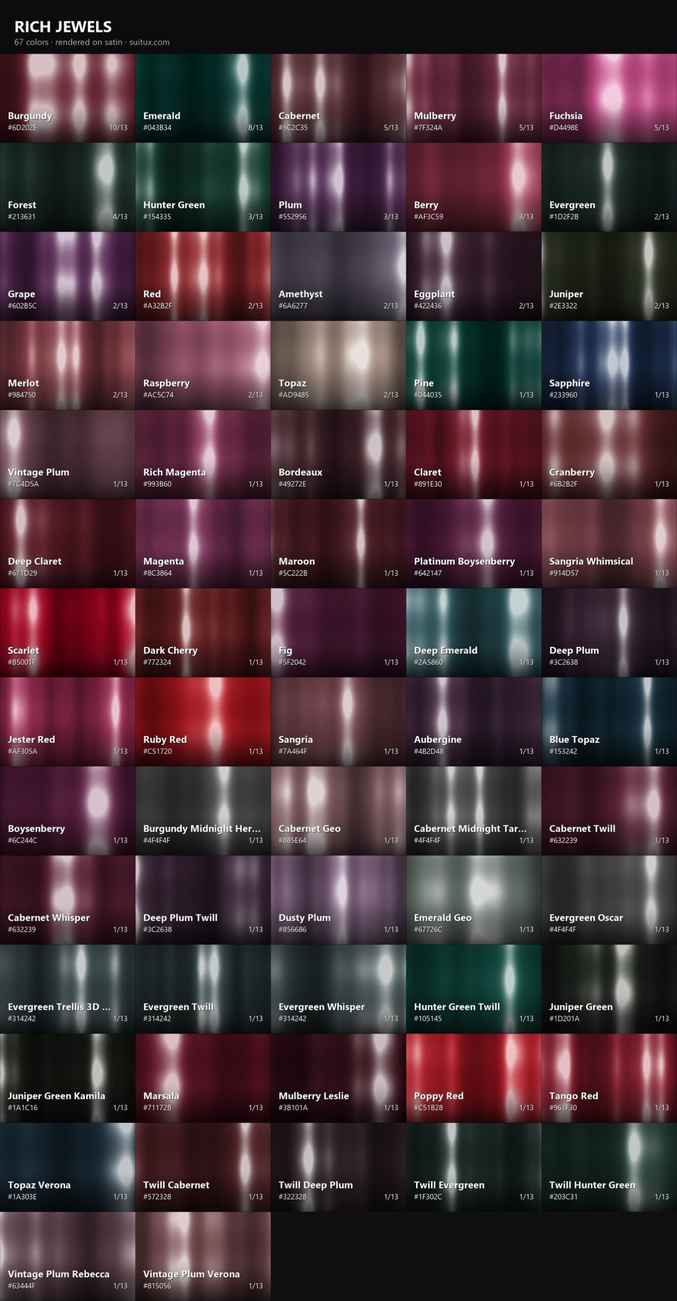 Rich jewel tone bridesmaid colors – burgundy, emerald, plum, wine – rendered on satin by SUITUX