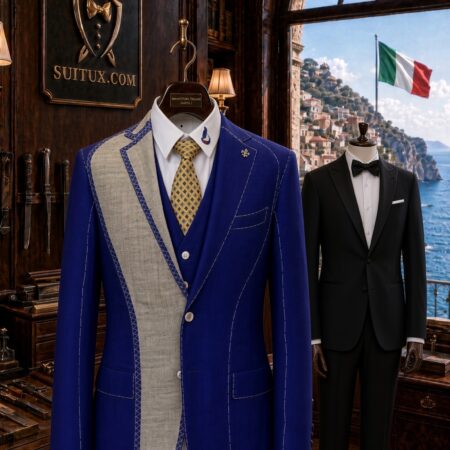 Blue full suit with vest, Italian fabric, displayed in an Italian tailoring showroom