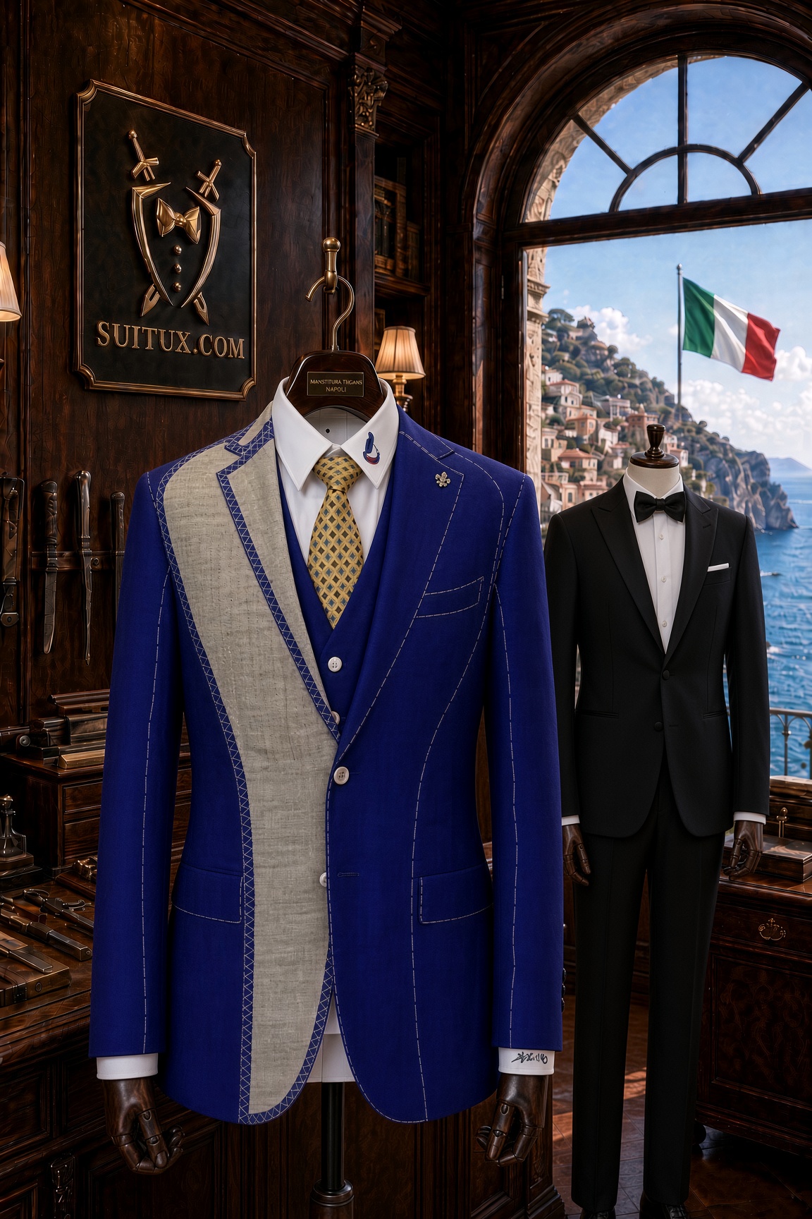Blue full suit with vest, Italian fabric, displayed in an Italian tailoring showroom