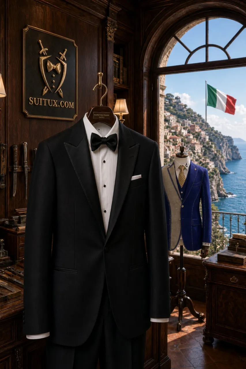 Black full tuxedo, Italian fabric, displayed in an Italian tailoring showroom