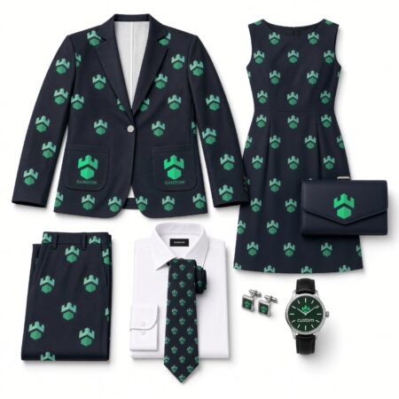 SUITUX custom lined coat in navy with green crest pattern, shown with matching dress, purse, pants, formal shirt, tie, cufflinks and watch