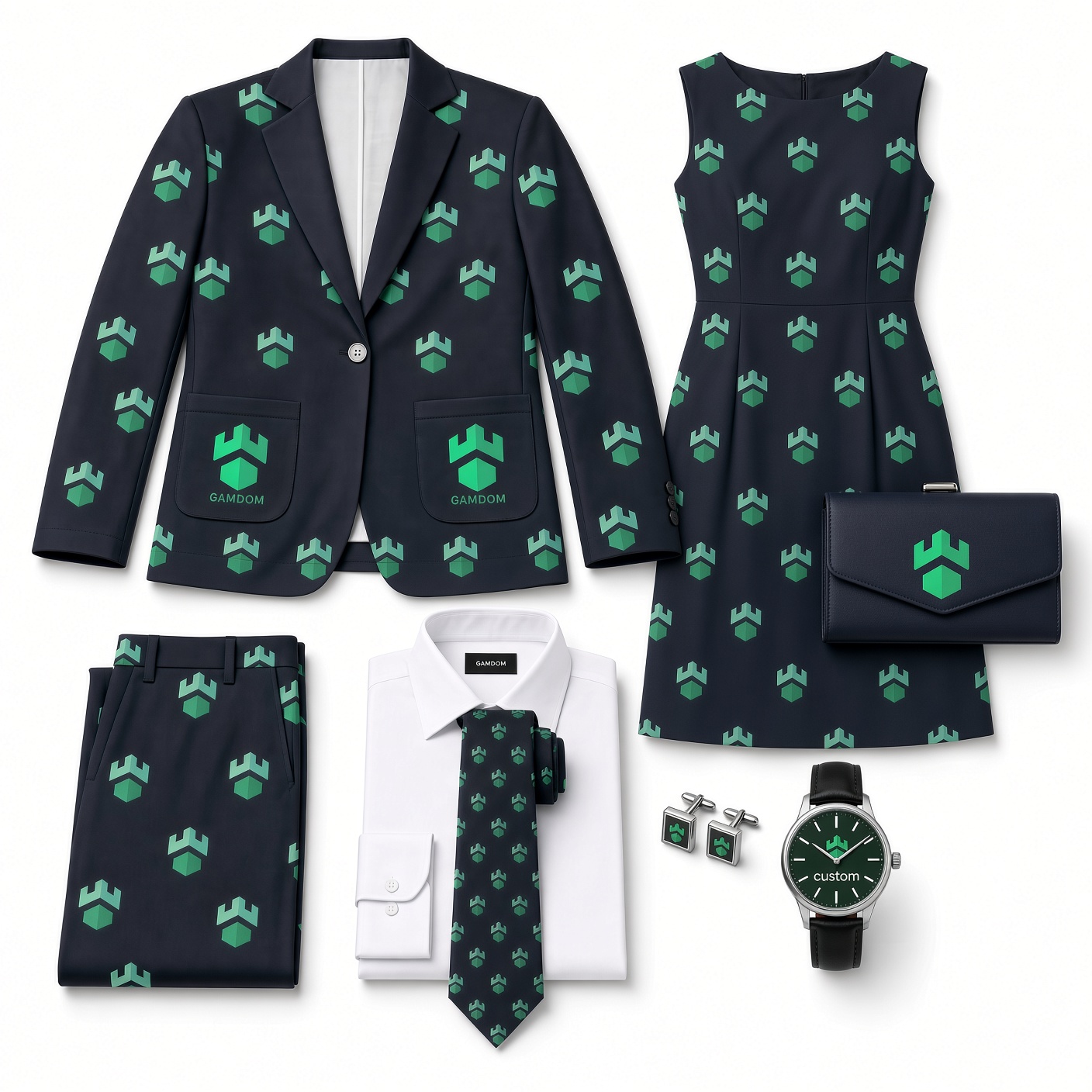 SUITUX custom lined coat in navy with green crest pattern, shown with matching dress, purse, pants, formal shirt, tie, cufflinks and watch