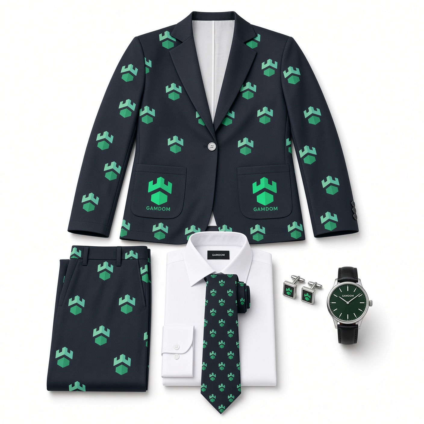 Navy and green crest pattern coat with matching pants, white formal shirt, tie, cufflinks and watch