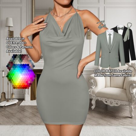 Backless Halter Fitted Dress bridesmaid dress shown in sage – custom color made to match his suit