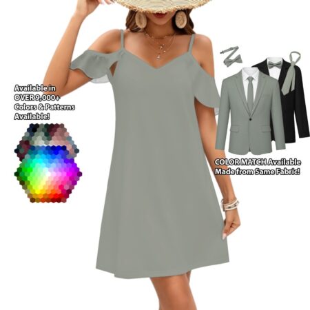 Cold-Shoulder Ruffle Dress bridesmaid dress shown in sage – custom color made to match his suit