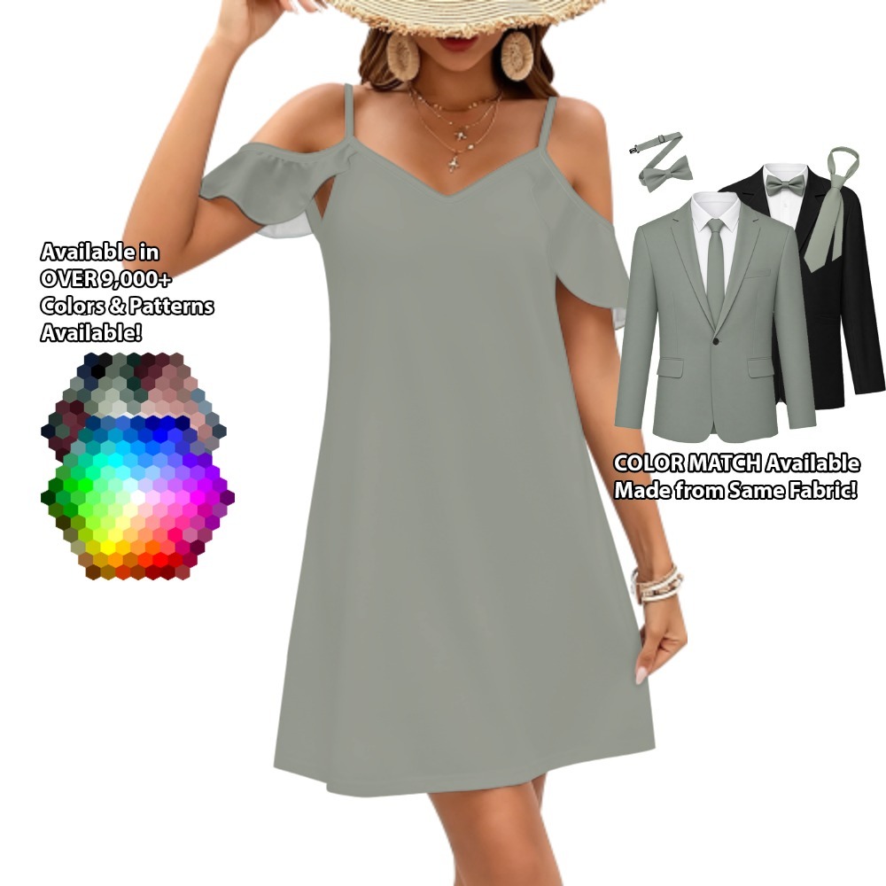 Cold-Shoulder Ruffle Dress – custom color bridesmaid dress to match groomsmen suit