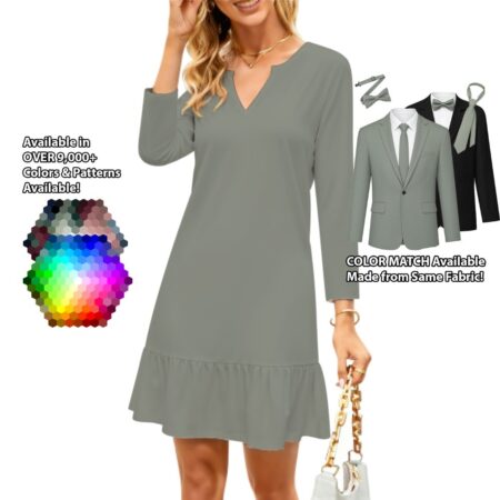 Long Sleeve V-Neck Ruffle Mini Dress bridesmaid dress shown in sage – custom color made to match his suit